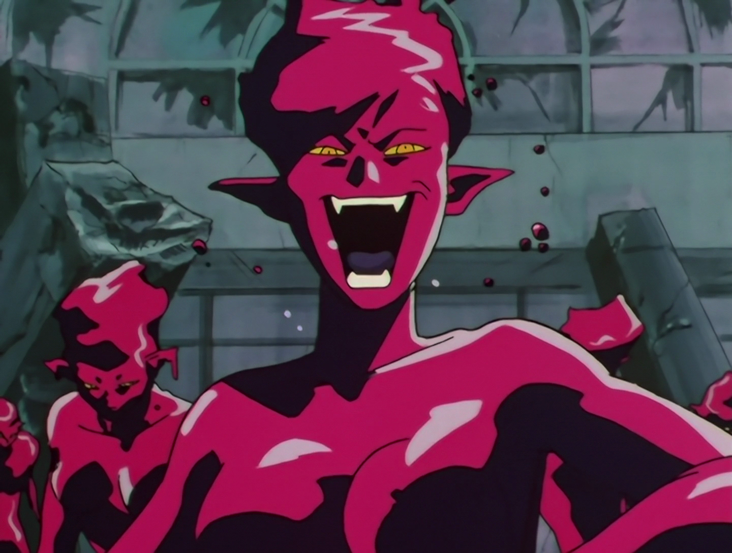The Undifferentiated Daimons from Sailor Moon episode 124. They’re magenta goo monsters in the approximate shape of a woman, with yellow eyes, pointed ears and sharp fangs.